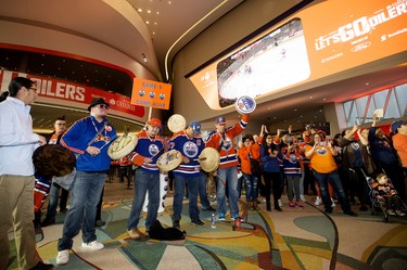 Members of the Logan Alexis Singers, a First Nations drumming group, perform in Ford Hall prior to the start of the Edmonton Oilers and San Jose Sharks game at Rogers Place, in Edmonton Thursday April 20, 2017. Photo by David Bloom For a Jonny Wakefield story running April 18, 2017.
