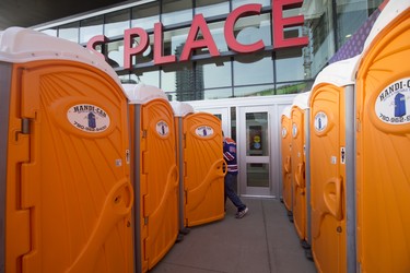 Portable toilets outside Rogers place prior to the Edmonton Oilers and San Jose Sharks NHL playoff, in Edmonton Thursday April 20, 2017.