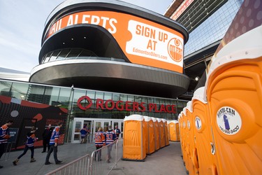Portable toilets outside Rogers place prior to the Edmonton Oilers and San Jose Sharks NHL playoff, in Edmonton Thursday April 20, 2017.