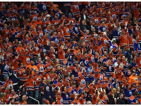 A sea of orange was the scene as fans cheer the Edmonton Oilers' first goal against the San Jose Sharks during Game 1 of the first round of NHL playoff action at Rogers Place in Edmonton on Thursday, April 12, 2017. (Ed Kaiser)