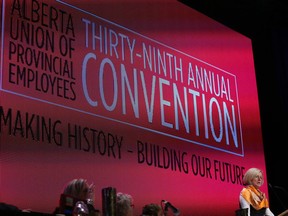 Premier Rachel Notley speaks to a crowd of approximately 1,000 people at the Alberta Union of Provincial Employees (AUPE) 39th annual convention at the Shaw Conference Centre in Edmontonon Friday, Oct. 23, 2015.