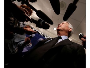Bob Nicholson speaks with reporters after the Katz Group announced him as vice-chair of Oilers Entertainment Group at the Westin Hotel in Edmonton on Friday, June 13, 2014. (File)