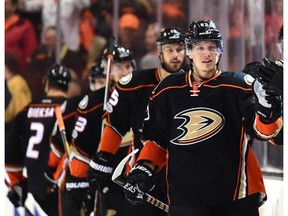 Rickard Rakell of the Anaheim Ducks celebrates his goal to tie the score 2-2 with the Calgary Flames during Game 1 of their opening-round playoff series at Honda Center on April 13, 2017, in Anaheim, Calif. (Getty Images)