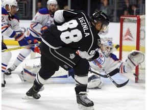 Los Angeles Kings right wing Jarome Iginla (88) has his shot blocked by Edmonton Oilers goalie Cam Talbot during the second period of an NHL hockey game, Tuesday, April 4, 2017, in Los Angeles.