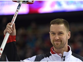 Canadian skip Brad Gushue acknowledges the crowd after defeating Scotland 8-2 at the World Men's Curling Championship at Northlands Coliseum in Edmonton on Monday, April 3, 2017. (Ed Kaiser)