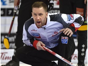 Canadian skip Brad Gushue communicates with his sweepers agaisnt Norway during day six of the World Men's Curling Championship at Northlands Coliseum in Edmonton, Thursday, April 6, 2017.