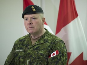 Col. Conrad Mialkowski, commander of the 2nd Canadian Mechanized Brigade Group, spoke at CFB Wainwright on April 26, 2017, about the death of Sgt. Robert Dynerowicz.