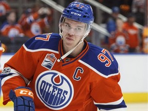Edmonton Oilers' Connor McDavid (97) takes part in warm up before taking on the San Jose Sharks during NHL playoff action in Edmonton, Alta., on Friday April 14, 2017.