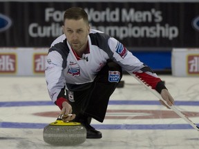 Canada skip Brad Gushue throws a stone at the 2017 Ford Men's World Curling Championship at Northlands Coliseum on Saturday, April 1, 2017.