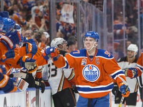 EDMONTON ALBERTA: April 1, 2017 Edmonton Oilers Connor McDavid (97) celebrates a goal on the Anaheim Ducks during first period NHL action at Rogers Place, in Edmonton April 1, 2017.