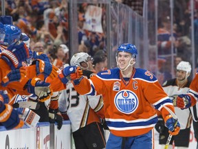 Edmonton Oilers Connor McDavid (97) celebrates a goal on the Anaheim Ducks during first period NHL action at Rogers Place on April 1, 2017.