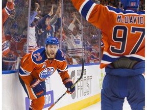 Edmonton Oilers Leon Draisaitl (29) and Connor McDavid (97) celebrate the game winning goal against the Anaheim Ducks at Rogers Place in Edmonton April 1, 2017. The Oilers won 3-2 in overtime.