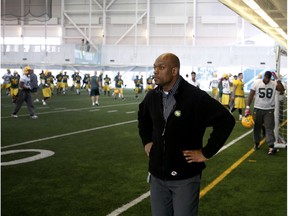 Edmonton Eskimos general manager Ed Hervey watches practice at the Commonwealth Stadium field house on Nov. 12, 2014. (File)