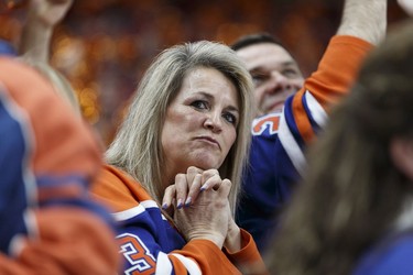 Edmonton fans cheer Oscar Klefbom's goal on San Jose's goaltender Martin Jones during a Stanley Cup playoffs game between the Edmonton Oilers and the San Jose Sharks at Rogers Place in Edmonton on Wednesday, April 12, 2017.