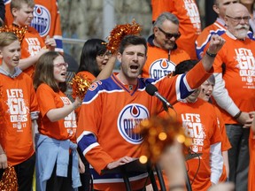 Edmonton Mayor Don Iveson cheers on the Edmonton Oilers at a public rally held at Churchill Square in downtown Edmonton on Thursday April 20, 2017.