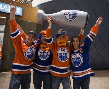 Edmonton Oilers fans Chris Zarowny, Dustin Westlund, Kirby Nelson and Teagan Peddy can hardly wait for game one of the Edmonton Oilers and San Jose Sharks NHL playoff series to begin at Rogers Place on Wednesday, April 12, 2017 in Edmonton.