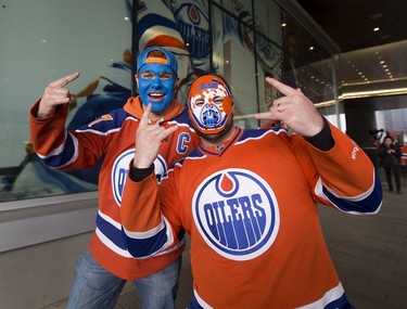 Edmonton Oiler fans Jon Ens and Dallas Davis can hardly wait for game one of the Edmonton Oilers and San Jose Sharks NHL playoff series to begin at Rogers Place on Wednesday, April 12, 2017 in Edmonton.