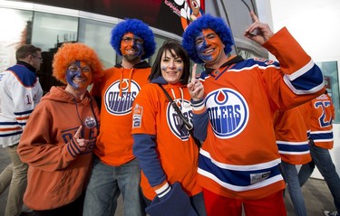 Edmonton Oilesr fans Tammi Rebman, Curtis Rebman, Jason Cluney and Heather Whittle can hardly wait for game one of the Edmonton Oilers and San Jose Sharks NHL playoff series to begin at Rogers Place on Wednesday, April 12, 2017 in Edmonton.