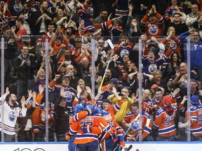 Edmonton Oilers celebrate a goal against the Anaheim Ducks on Saturday, April 1, 2017, at Rogers Place