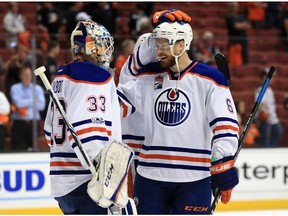 Adam Larsson congratulates Cam Talbot after their Edmonton Oilers defeated the Anaheim Ducks 5-3 in Game 1 of the Western Conference second round at Honda Center on Wednesday, April 26, 2017, in Anaheim, Calif. (Sean M. Haffey/Getty Images)