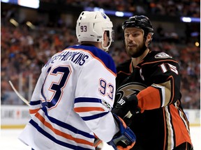 Ryan Getzlaf #15 of the Anaheim Ducks talks to Ryan Nugent-Hopkins #93 of the Edmonton Oilers during the first period of Game 2 of the Western Conference Second Round during the 2017  NHL Stanley Cup Playoffs at Honda Center on April 28, 2017 in Anaheim, California.