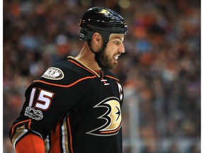 Ryan Getzlaf #15 of the Anaheim Ducks looks on during the second period of Game Two of the Western Conference Second Round during the 2017  NHL Stanley Cup Playoffs against the Edmonton Oilers  at Honda Center on April 28, 2017 in Anaheim, California.