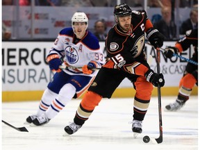 Ryan Getzlaf #15 of the Anaheim Ducks skates past Ryan Nugent-Hopkins #93 of the Edmonton Oilers during the third period of Game Two of the Western Conference Second Round during the 2017  NHL Stanley Cup Playoffs at Honda Center on April 28, 2017 in Anaheim, California.