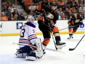 Antoine Vermette #50 of the Anaheim Ducks attempts to screen Cam Talbot #33 of the Edmonton Oilers during the third period of Game Two of the Western Conference Second Round during the 2017  NHL Stanley Cup Playoffs at Honda Center on April 28, 2017 in Anaheim, California.