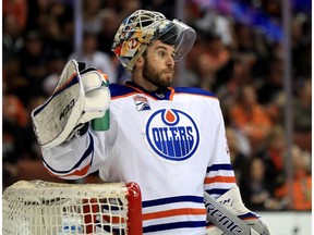 Cam Talbot #33 of the Edmonton Oilers looks on during the third period of Game Two of the Western Conference Second Round during the 2017  NHL Stanley Cup Playoffs against the Anaheim Ducks  at Honda Center on April 28, 2017 in Anaheim, California.