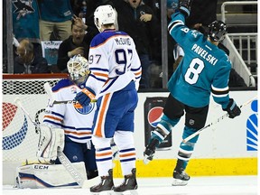 A picture tells 3,000 words. Cam Talbot, beaten. Connor McDavid, dejected. Joe Pavelski, celebrating. This game winning goal was scored after just 15 seconds of play.