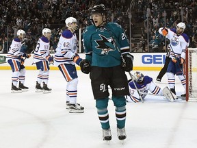 Marcus Sorensen of the San Jose Sharks celebrates after scoring a goal against the Edmonton Oilers during the second period in Game 4 of their NHL playoff series at San Jose's SAP Center on April 18, 2017.