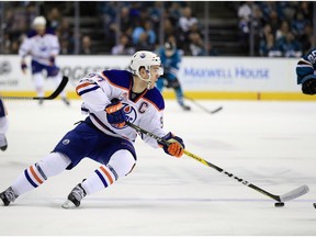 Connor McDavid of the Edmonton Oilers controls the puck during their game against the San Jose Sharks during Game Six of the Western Conference First Round during the 2017 NHL Stanley Cup Playoffs at SAP Center on April 22, 2017 in San Jose, California.