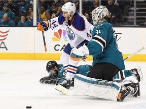 Edmonton Oilers forward Zack Kassian celebrates after scoring on San Jose Sharks goalie Martin Jones in the third period of Game 3 of their NHL playoff series on April 16, 2017, in San Jose, Calif.