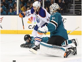 Zack Kassian of the Edmonton Oilers celebrates after scoring a goal on goalie Martin Jones of the San Jose Sharks during the third period in Game Three of the Western Conference First Round during the 2017 NHL Stanley Cup Playoffs at SAP Center on April 16, 2017 in San Jose, California. The Oilers won 1-0.