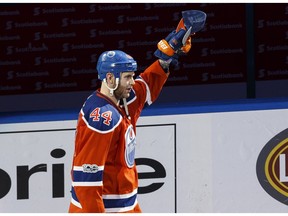 Edmonton Oilers forward Zack Kassian salutes the crowd at the end of a Stanley Cup playoffs game against the San Jose Sharks at Rogers Place in Edmonton on Friday, April 14, 2017. (Ian Kucerak)