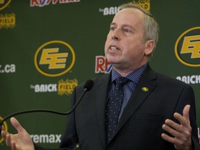 Eskimos President and CEO Len Rhodes announces that  Eskimos' General Manager Ed Hervey has been fired, during a press conference at Commonwealth Stadium, in Edmonton Friday April 7, 2017.