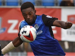 FC Edmonton Tomi Ameobi (18) eyes the ball in front of the Puerto Rico FC net during NASL action at Clarke Stadium in Edmonton, April 22, 2017.
