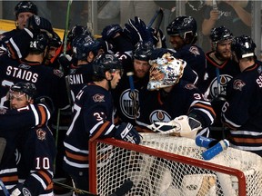 The Oilers celebrate their Game 6 victory over the San Jose Sharks in the second round of the 2006 playoffs.