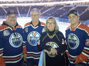 From left: Jared Snyder, with his dad Paul, mom Leslie and brother Ryan at the Edmonton Oilers vs. Calgary Flames game at Rogers Place on January 14, 2017.