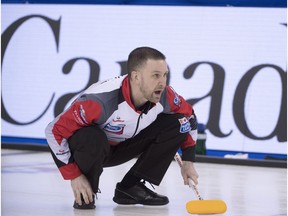 Team Canada skip Brad Gushue calls a shot during the 13th draw against Japan at the Men's World Curling Championships in Edmonton, Wednesday, April 5, 2017.