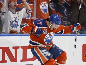 Edmonton's Oscar Klefbom (77) celebrates a goal on San Jose's goaltender Martin Jones (31) during a Stanley Cup playoffs game between the Edmonton Oilers and the San Jose Sharks at Rogers Place in Edmonton on Wednesday, April 12, 2017. Ian Kucerak / Postmedia