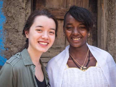 Isabel Schuppli (left) and Kidist Meskele standing in front of Kidist's home in Ethiopia.