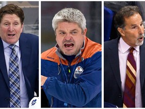 Edmonton Oilers head coach Todd McLellan, centre, Mike Babcock and John Tortorella are in the running for the Jack Adams Trophy as NHL coach of the year. (AP Photo and The Canadian Press)