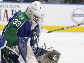 Swift Current Broncos goaltender Jordan Papirny stops a shot against the Edmonton Oil Kings at Rogers Place in Edmonton on March 5, 2017. Papirny backstopped the Broncos to a first-round victory against the Moose Jaw Warriors in the WHL playoffs. (Ian Kucerak)