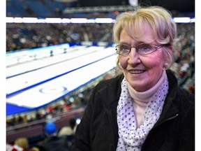 World Curling Federation president Kate Caithness watches the World Men's Curling Championship at Northlands Coliseum in Edmonton, Friday, April 6, 2017. (Ed Kaiser)