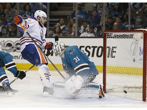 Edmonton Oilers center Leon Draisaitl scores on San Jose Sharks goalie Martin Jones during Game 6 of their first-round playoff series on Saturday, April 22, 2017, in San Jose, Calif. (Tony Avelar/AP Photo)