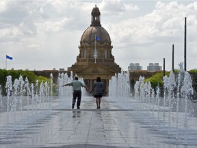 The fountains beside the Federal Building on the legislature grounds.