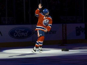 Edmonton Oilers centre takes a bow on the Rogers Place ice after being named first star of Game 5 between his team and the San Jose Sharks on April 20, 2017. Desharnais scored the winning goal in overtime.