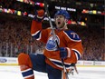 The Edmonton Oilers Oscar Klefbom (77) celebrates his game tying goal against the San Jose Sharks during third period NHL playoff action at Roger Place, in Edmonton Thursday April 20, 2017.