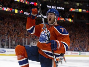 The Edmonton Oilers Oscar Klefbom (77) celebrates his game tying goal against the San Jose Sharks during third period NHL playoff action at Roger Place, in Edmonton Thursday April 20, 2017.